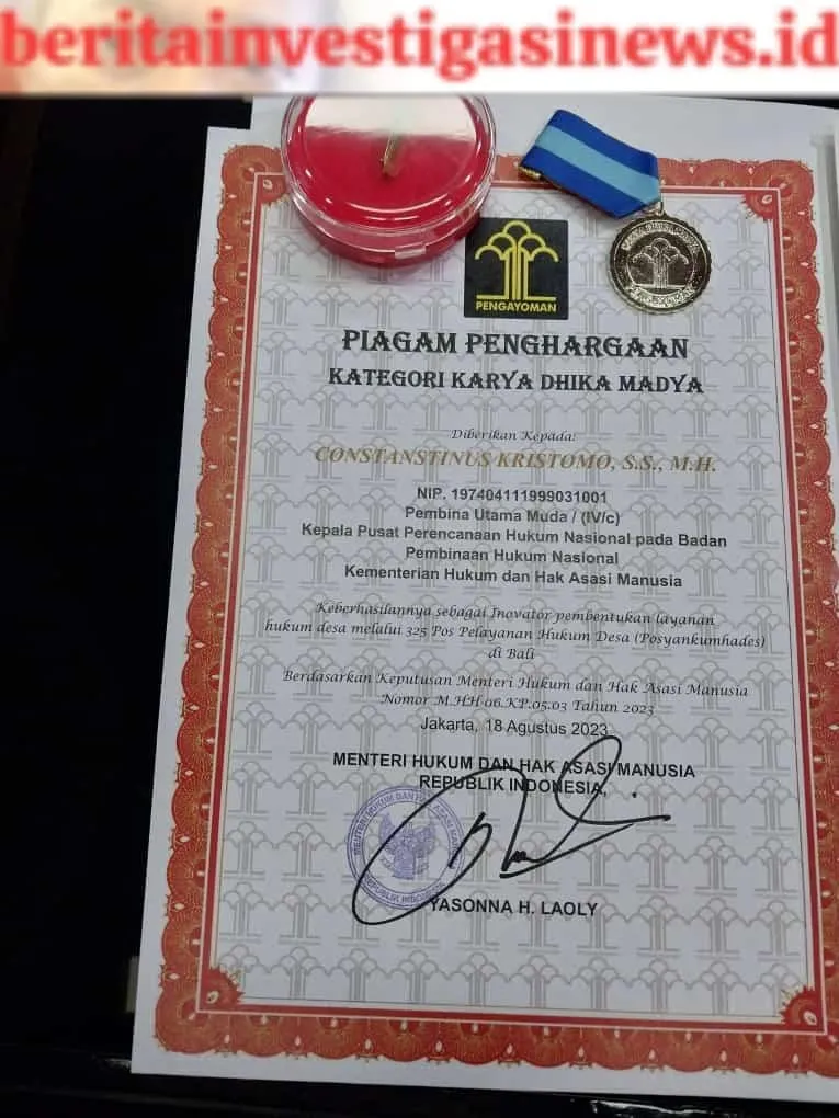Menkumham RI Berikan Penghargaan Atas Inovasi Layanan Hukum dan HAM Desa di Provinsi Bali