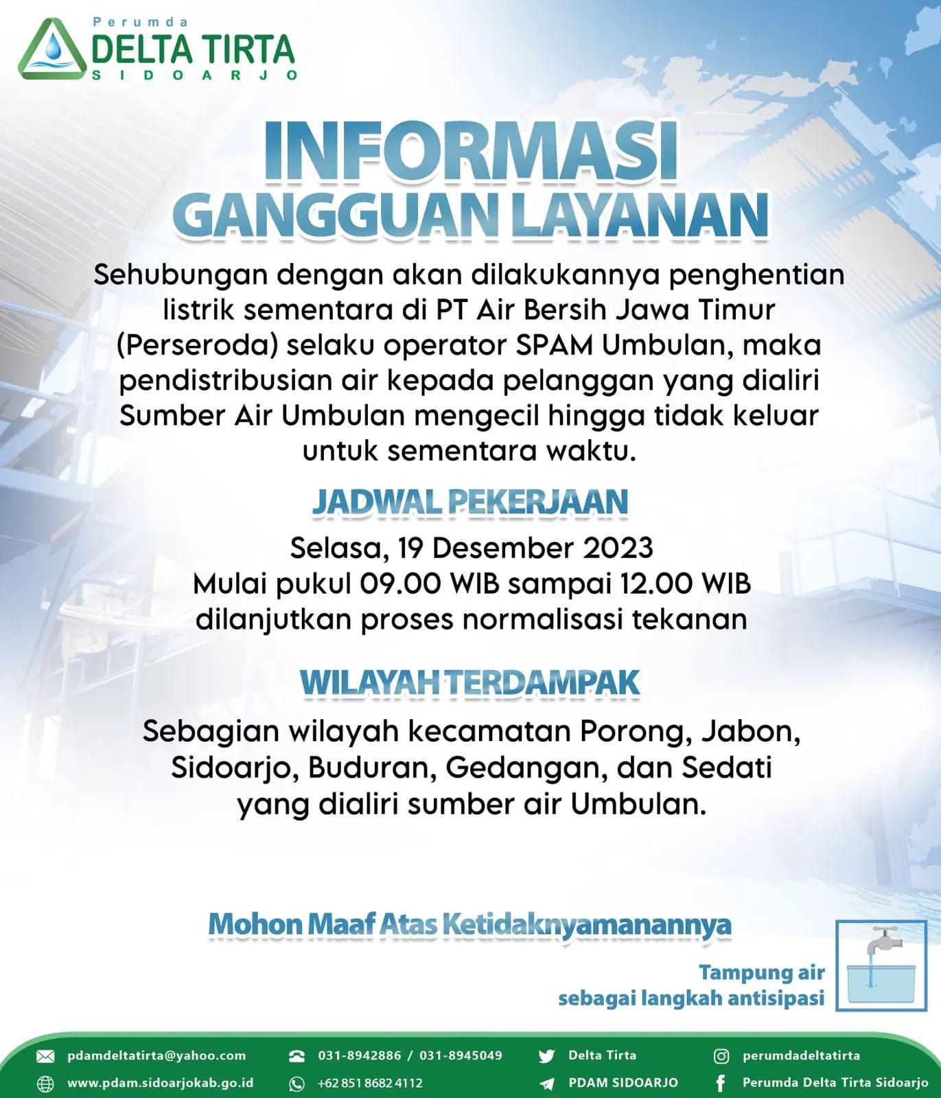 Siap-siap Tampung Air ! Aliran PDAM Delta Tirta di Wilayah Ini Akan Mengecil Sementara
