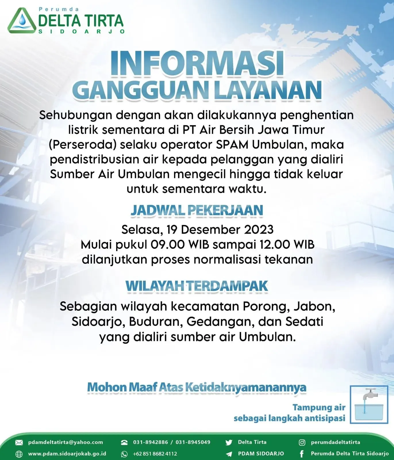 Siap-siap Tampung Air ! Aliran PDAM Delta Tirta di Wilayah Ini Akan Mengecil Sementara