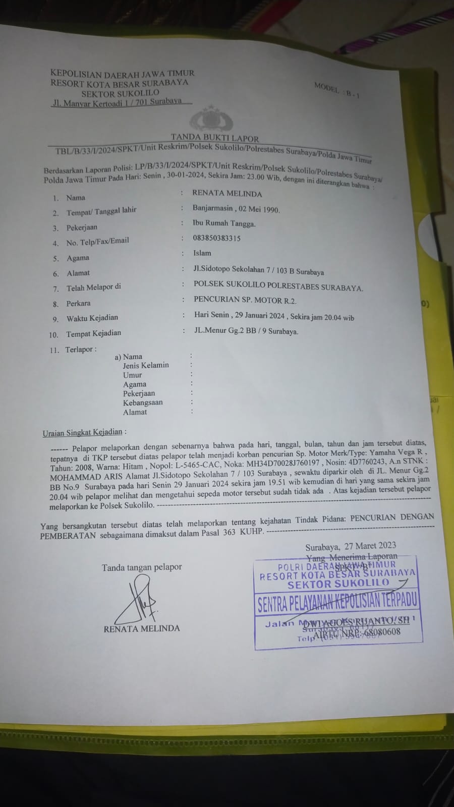 Curanmor Makin Marak, Salah Satu Motor Milik Wartawan Jadi Korban