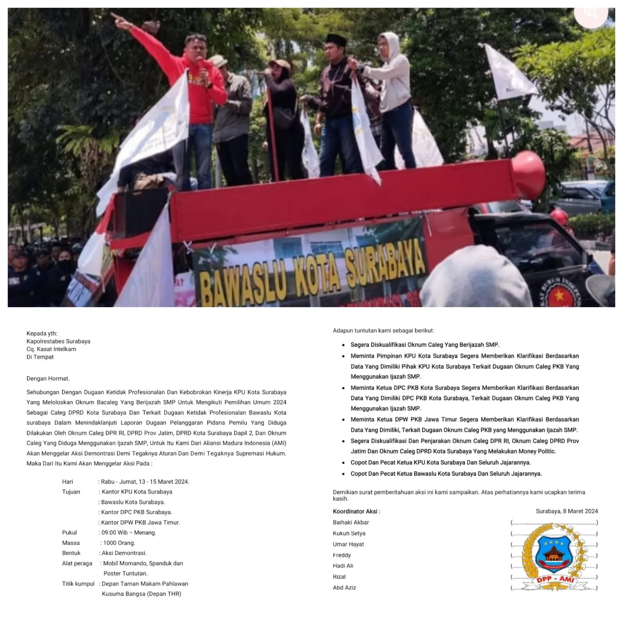 Aliansi Madura Indonesia Akan Kembali Menggelar Aksi Demo Besar-besaran di KPU Surabaya, Bawaslu Surabaya dan Kantor PKB