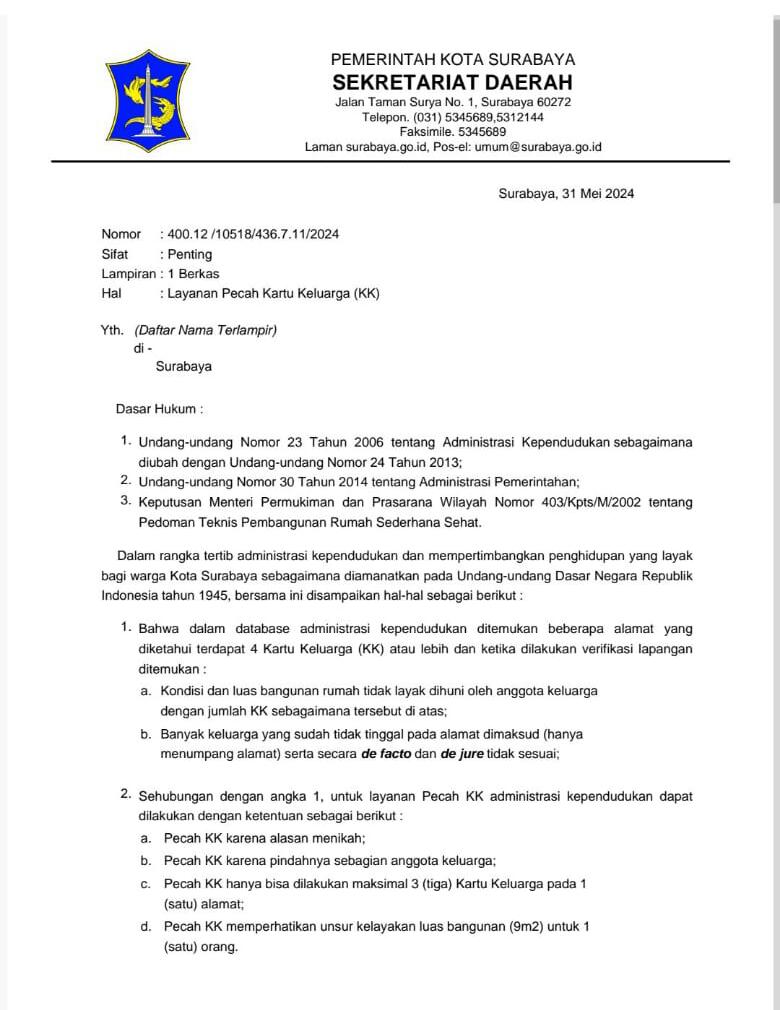 Forum RW Kelurahan Simolawang Tolak Surat Sekretariat Daerah Kota Surabaya tentang Layanan Pecah Kartu Keluarga