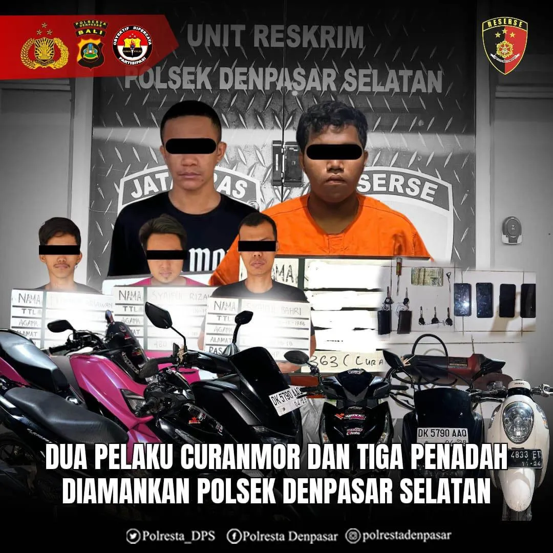 Dua Pelaku Curanmor dan Tiga Penadah Diamankan Polsek Denpasar Selatan