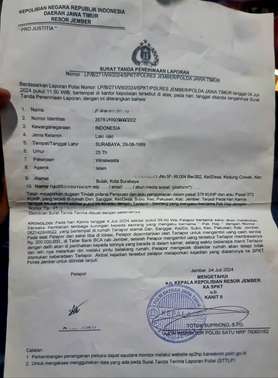 Kasus Penipuan di Polres Jember Terkesan Lamban, Korban Pertanyakan Proses Penegakan Hukum