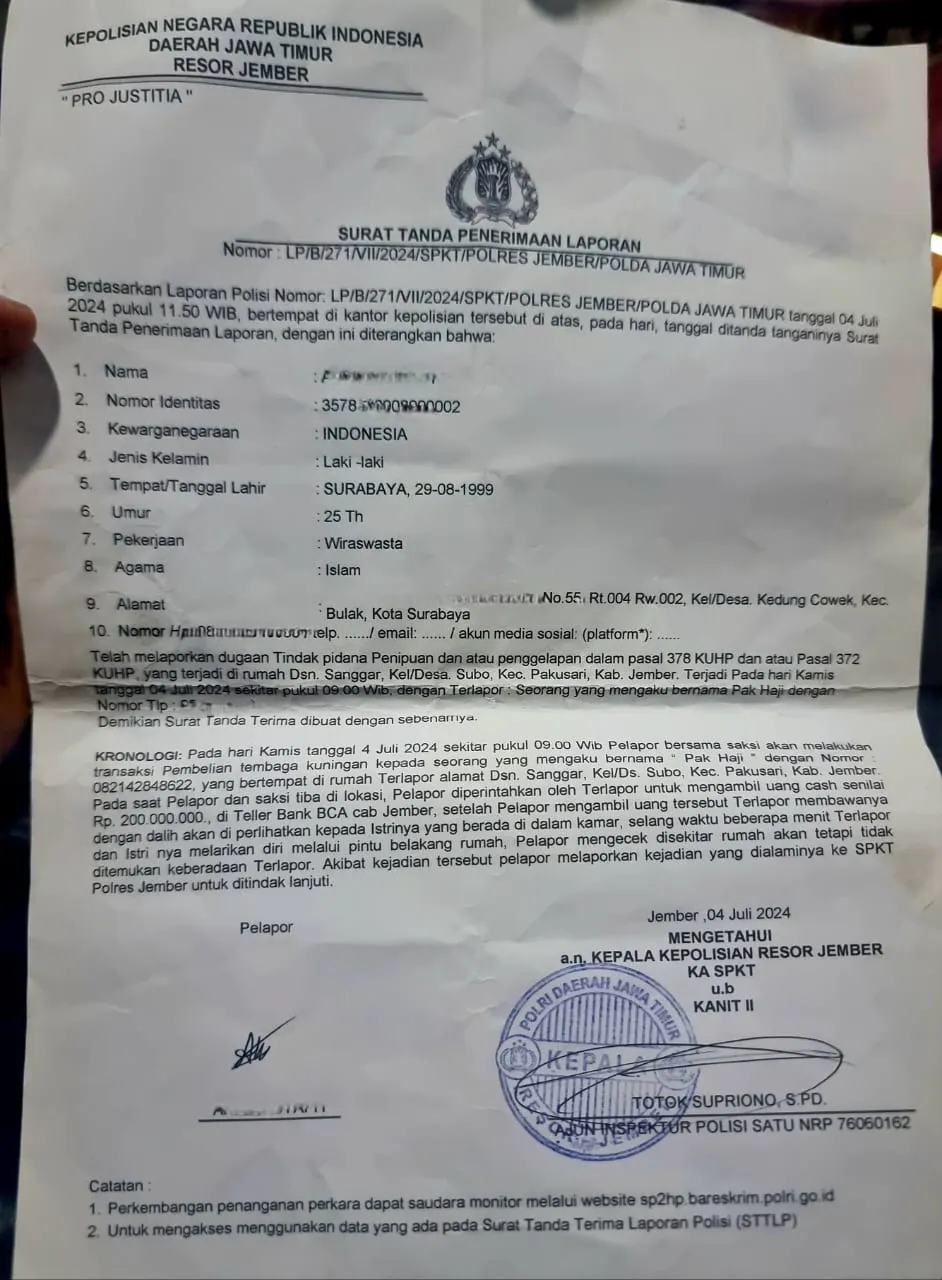 Kasus Penipuan di Polres Jember Terkesan Lamban, Korban Pertanyakan Proses Penegakan Hukum