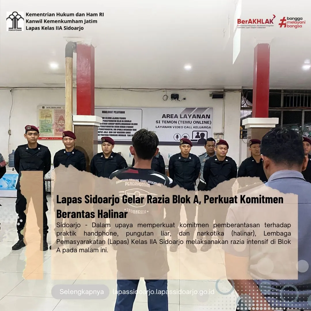 Lapas Sidoarjo Gelar Razia Blok A, Perkuat Komitmen Berantas Halinar