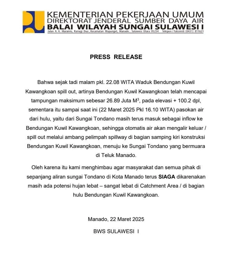 Warning!!! Warga Manado SIAGA, Waduk Bendungan Kuwil Spill Out