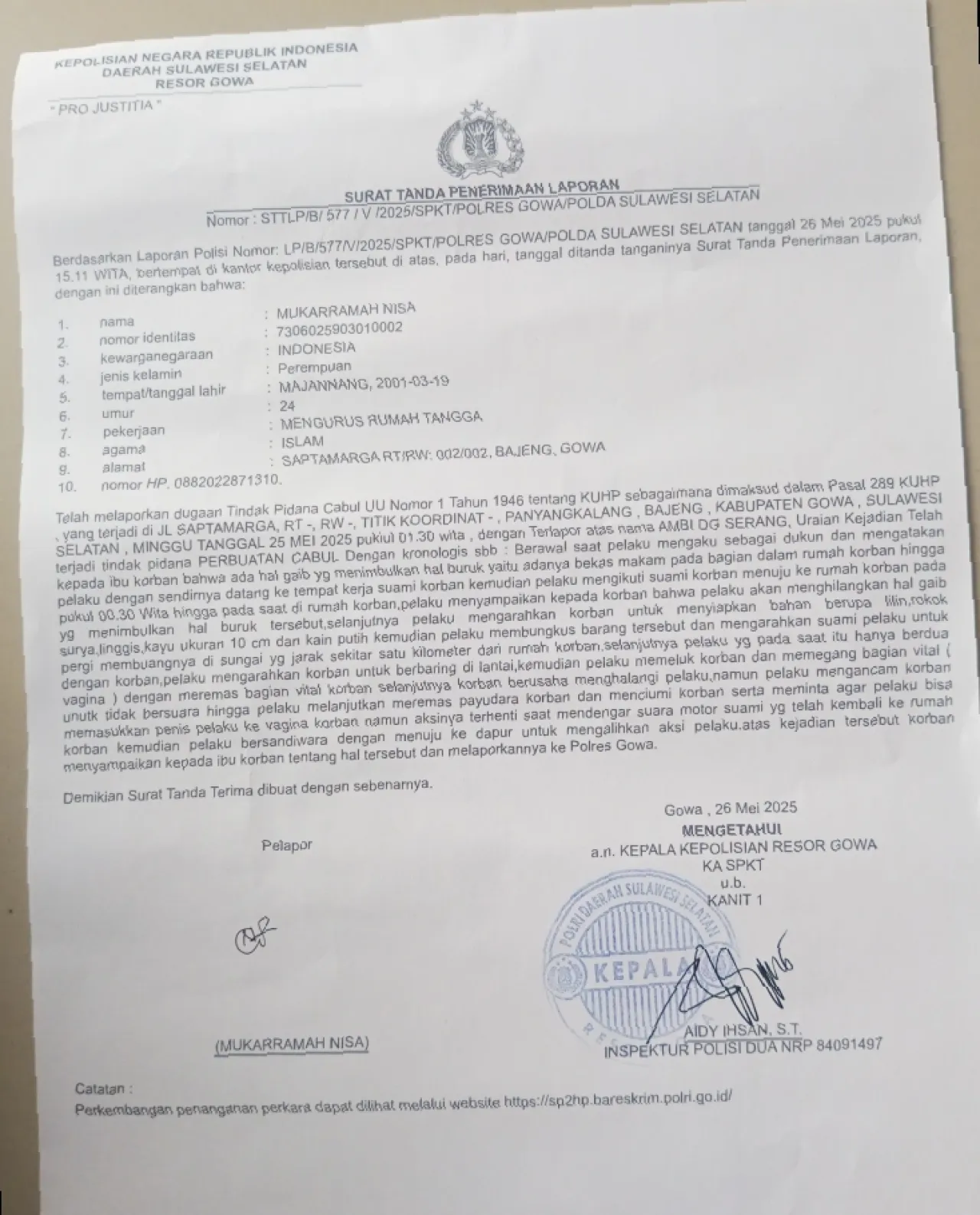 Korban Pelecehan seksual Lapor Polisi, Dugaan Dukun Cabul Sudah di Polres Gowa