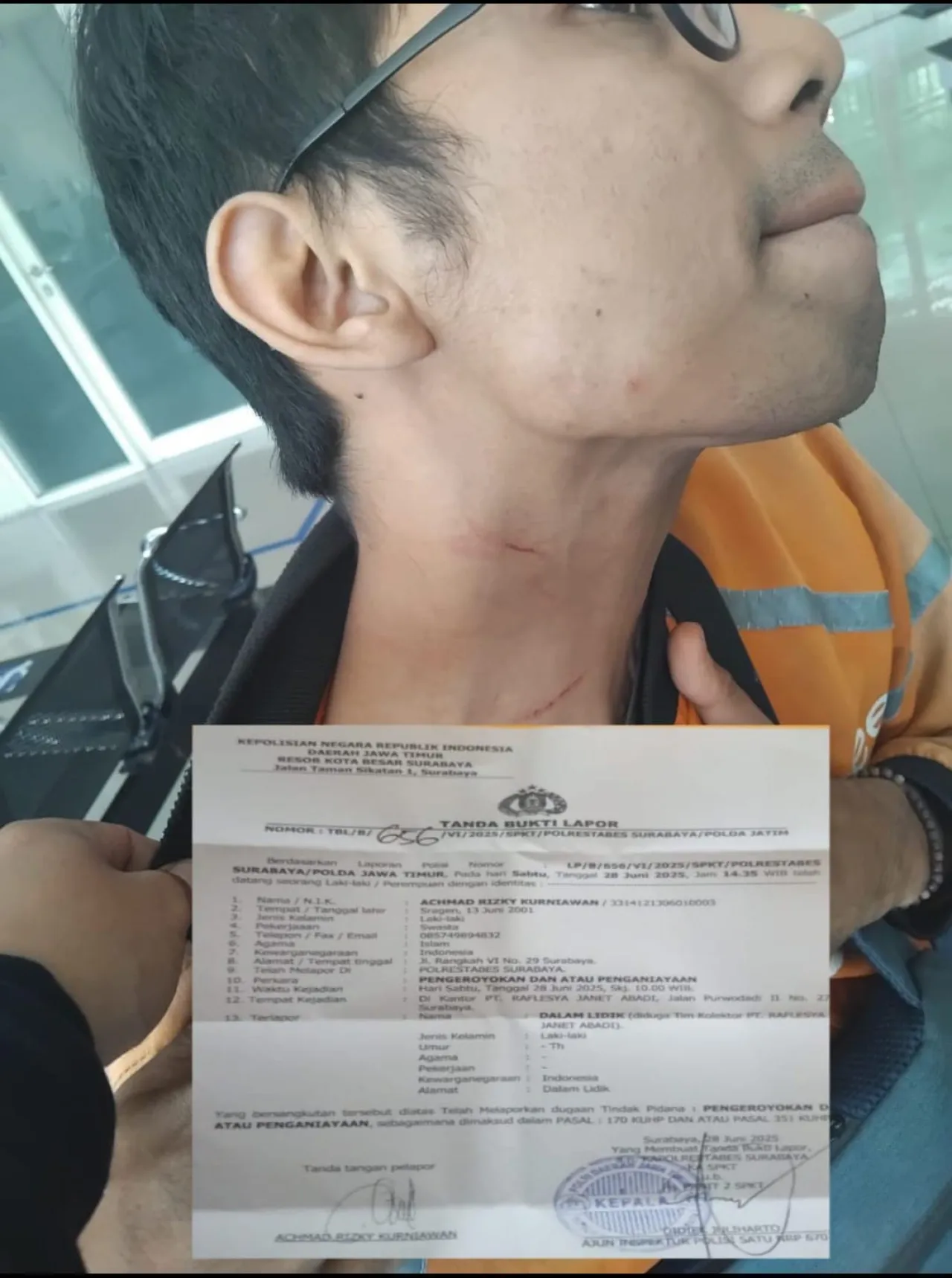 Debt Collector di Laporkan Ke Polrestabes Surabaya, Tagih Hutang dengan Pengeroyokan dan Penganiayaan