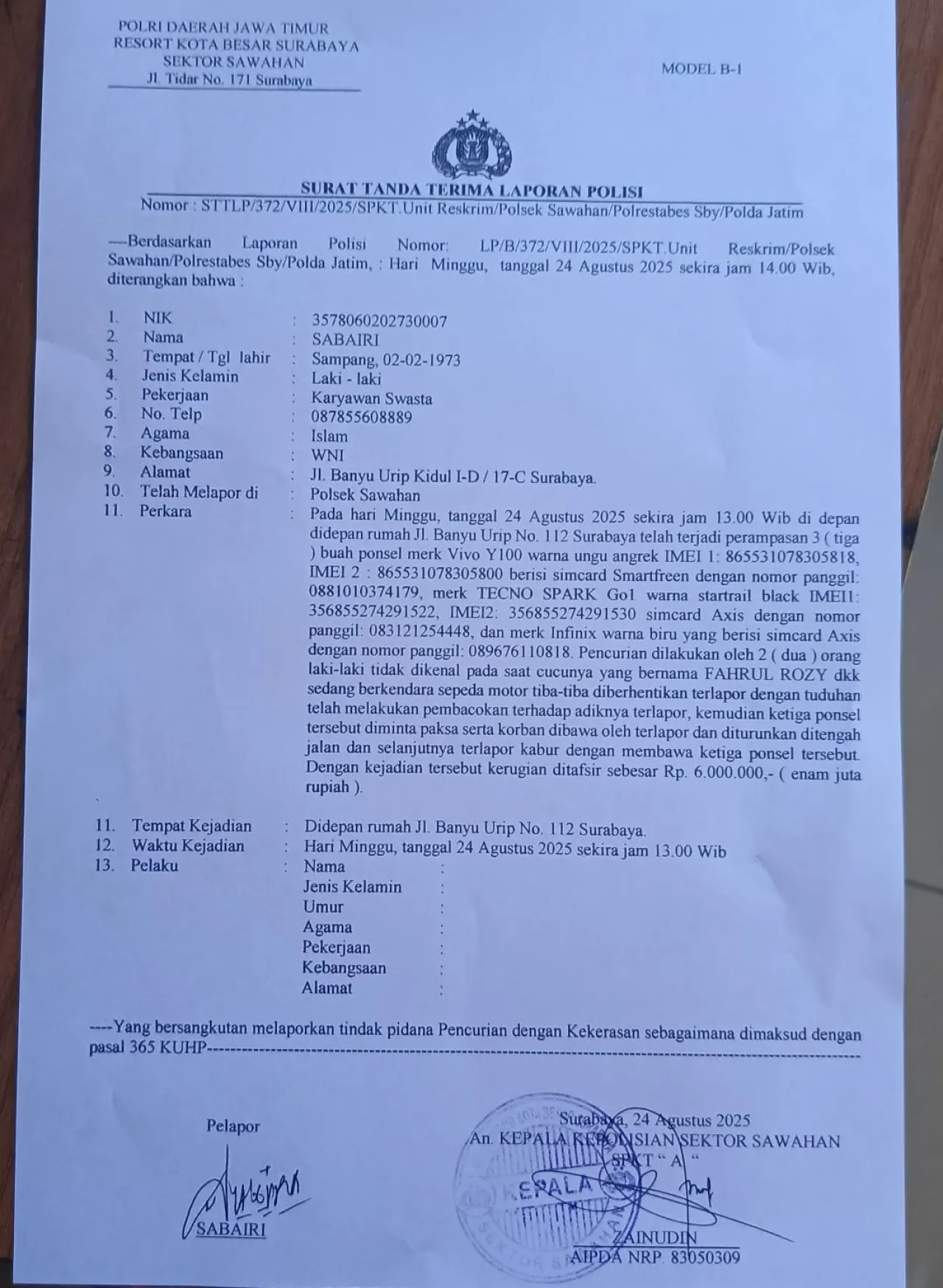 Kakek Korban Tak Terima Lapor ke Polsek Sawahan, Tiga Remaja Asal Banyu Urip Kidul Jadi Korban Perampasan 3 HP