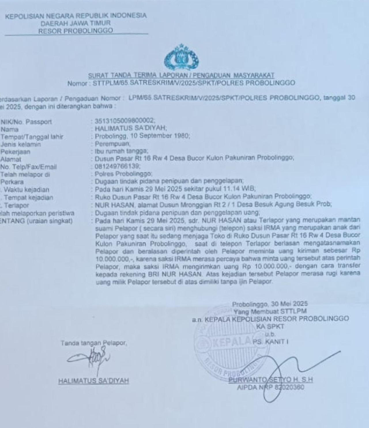 Hoax...Dugaan Perselingkuhan Oknum Guru SD, Halima Bantah Keras dan Melaporkan Mantan Suami Siri ke Polres Probolinggo