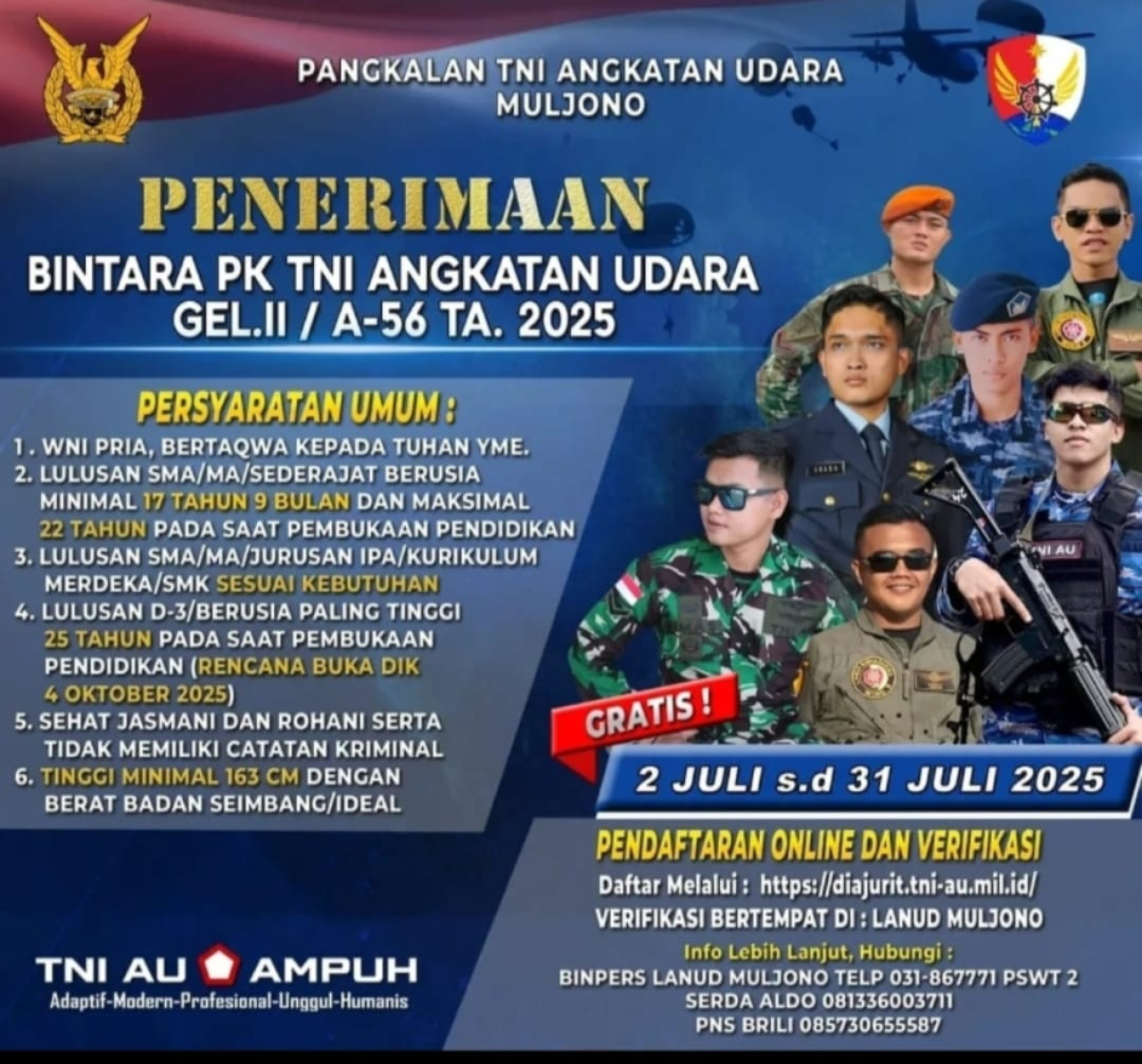Buruan Daftar, Ini Syarat, Tata Cara dan Jadwal Rekrutmen Bintara TNI AU Gel. II / A-56 TA.2025