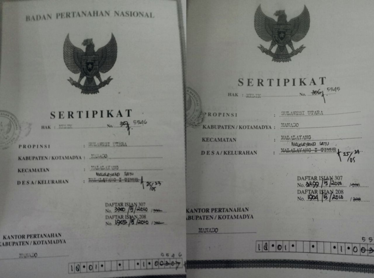 Dua SHM milik RJ Sumampouw yang tidak dihiraukan Panitia Pembebasan Lahan MORR III.