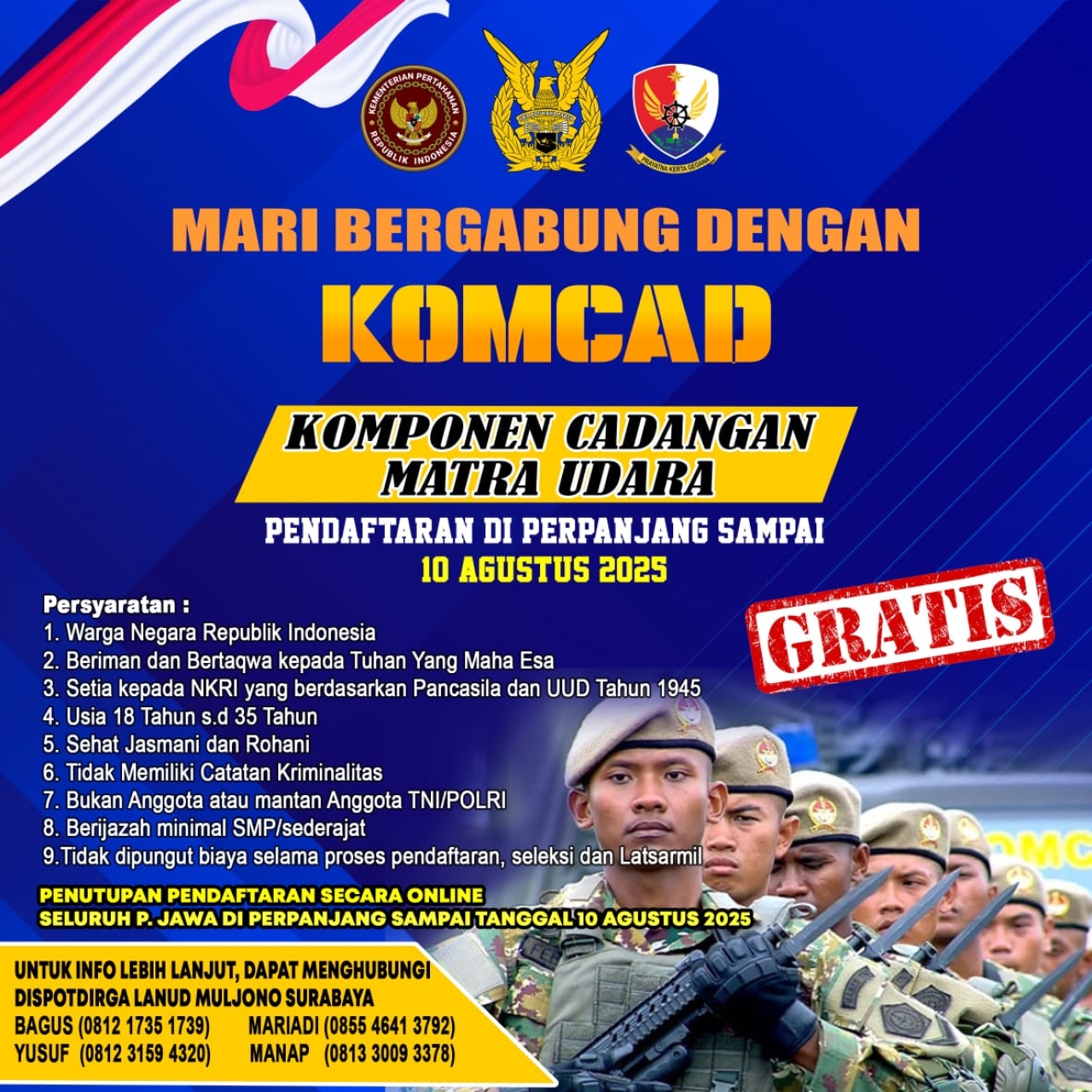 Pendaftaran Komcad Reguler TA 2025 Matra Udara di Perpanjang dan Gratis