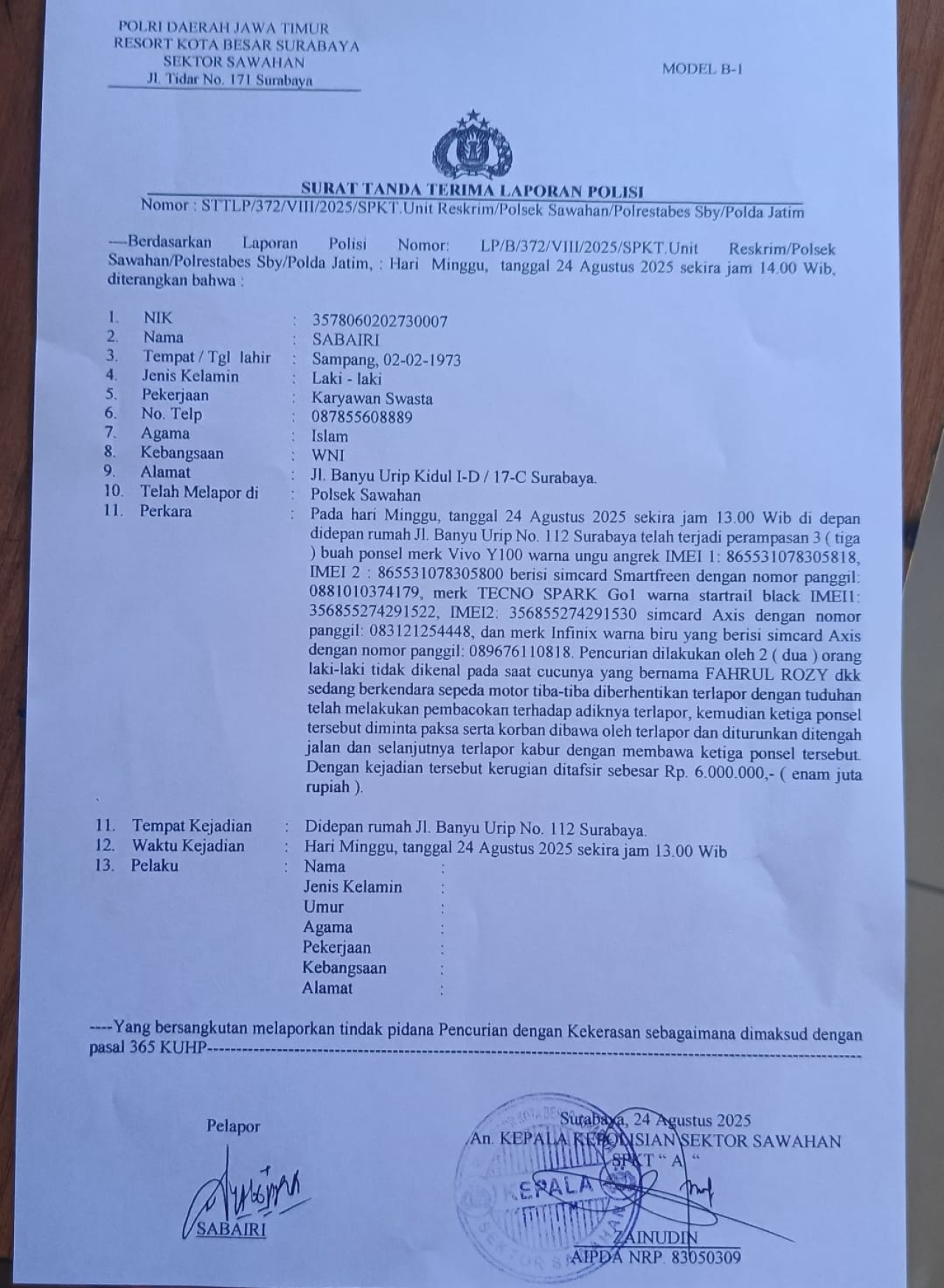 Kakek Korban Tak Terima Lapor ke Polsek Sawahan, Tiga Remaja Asal Banyu Urip Kidul Jadi Korban Perampasan 3 HP