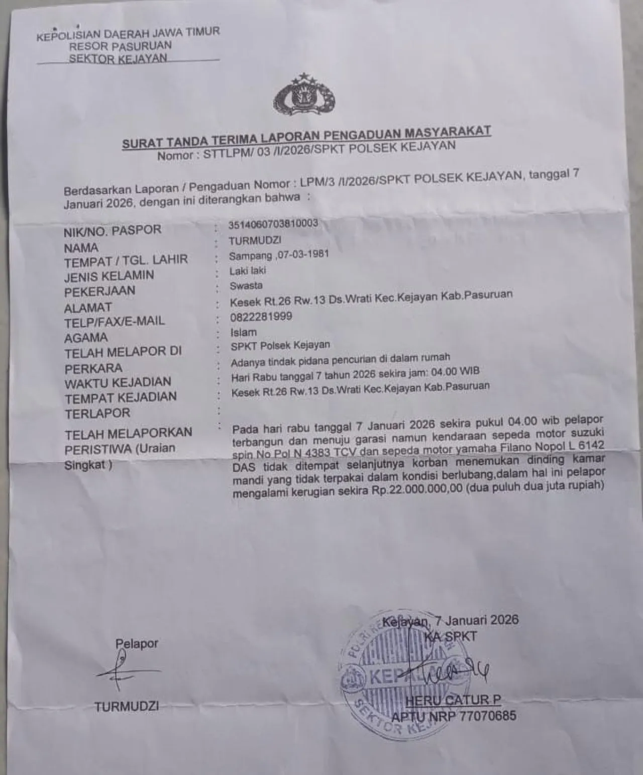 Maling Bobol Rumah Lewat Dinding Kamar Mandi, Dua Motor Warga Kejayan Raib