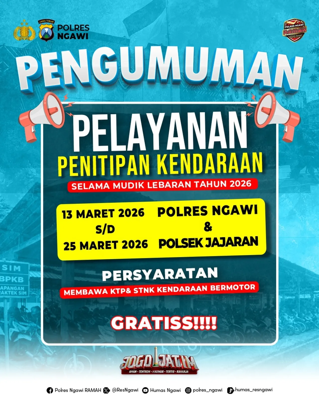Mudik Aman Keluarga Bahagia, Polres Ngawi Layani Penitipan Kendaraan Gratis