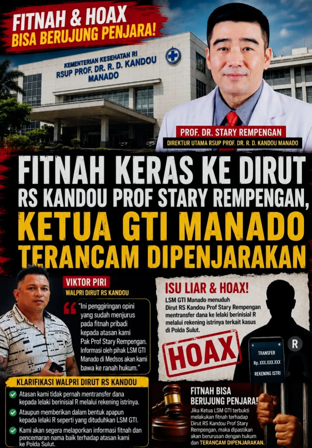 Walpri Dirut RS Kandou Tegas Bantah Tuduhan LSM GTI, Dugaan Fitnah Dilaporkan ke Polda Sulut