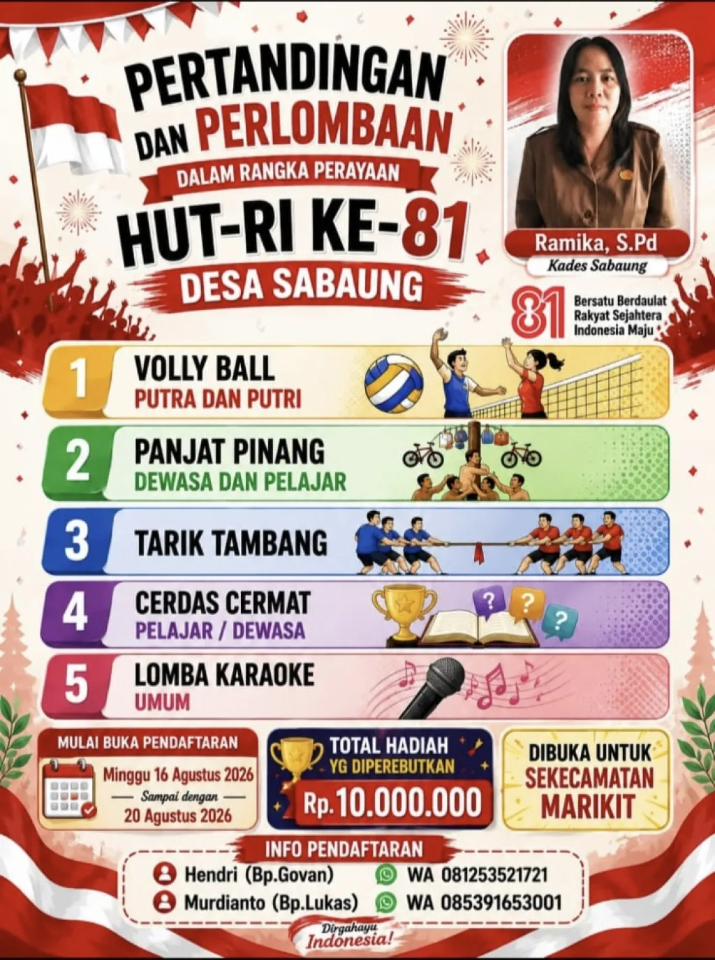 Pemerintah Desa Sabaung Buka Pendaftaran Lomba HUT RI ke-81, Total Hadiah Rp10 Juta