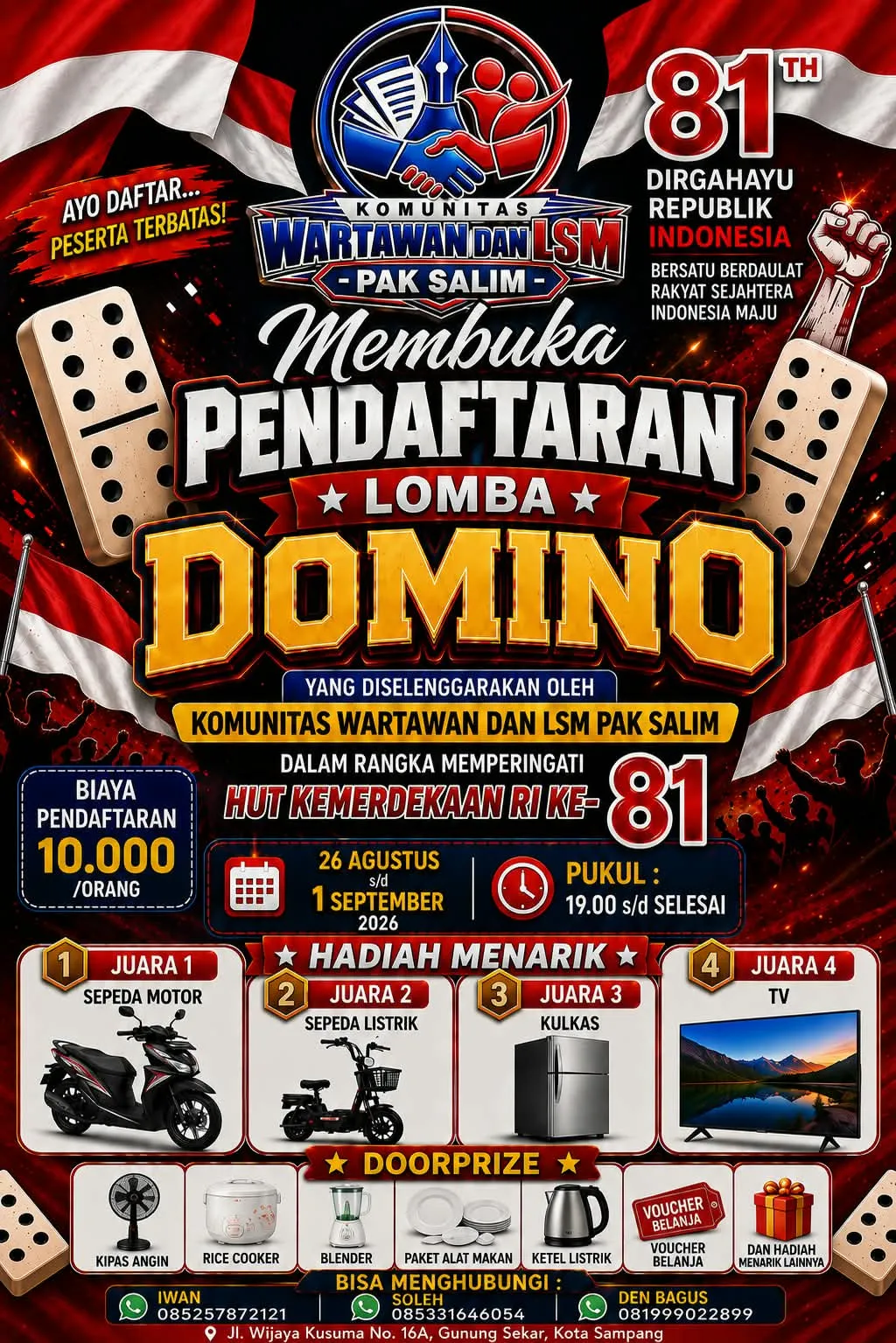 Semarakkan HUT RI ke-81, Komunitas Wartawan dan LSM Pak Salim Gelar Lomba Domino Berhadiah Sepeda Motor di Sampang