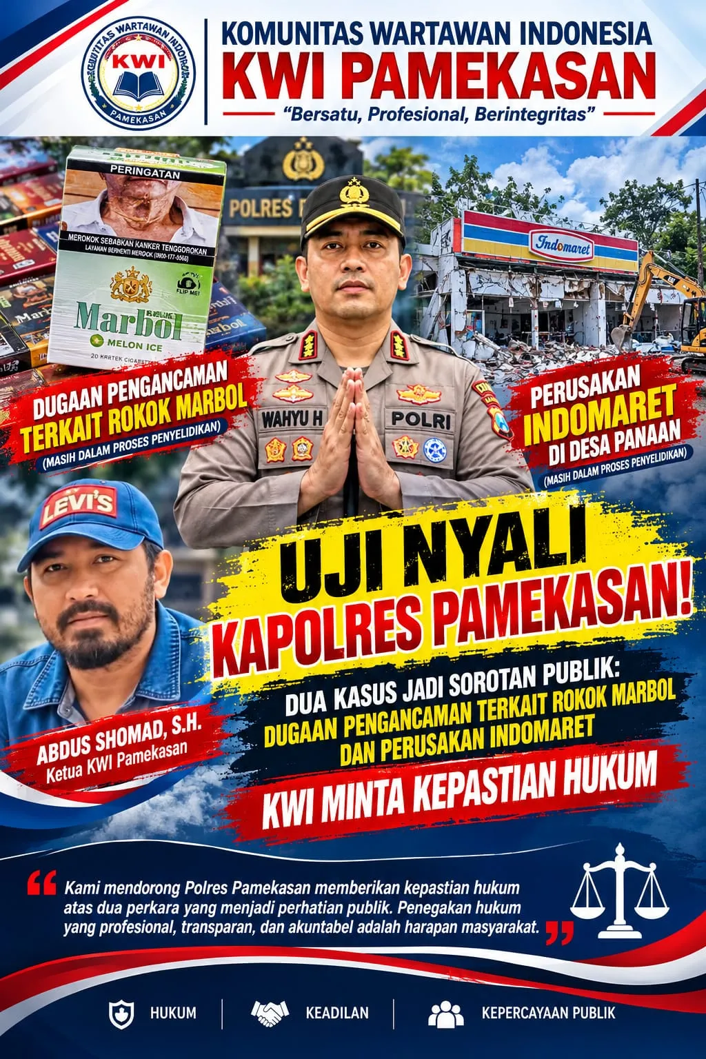 KWI Pamekasan Desak Kepastian Hukum atas Dua Kasus, Dugaan Pengancaman Rokok Marbol dan Perusakan Indomaret