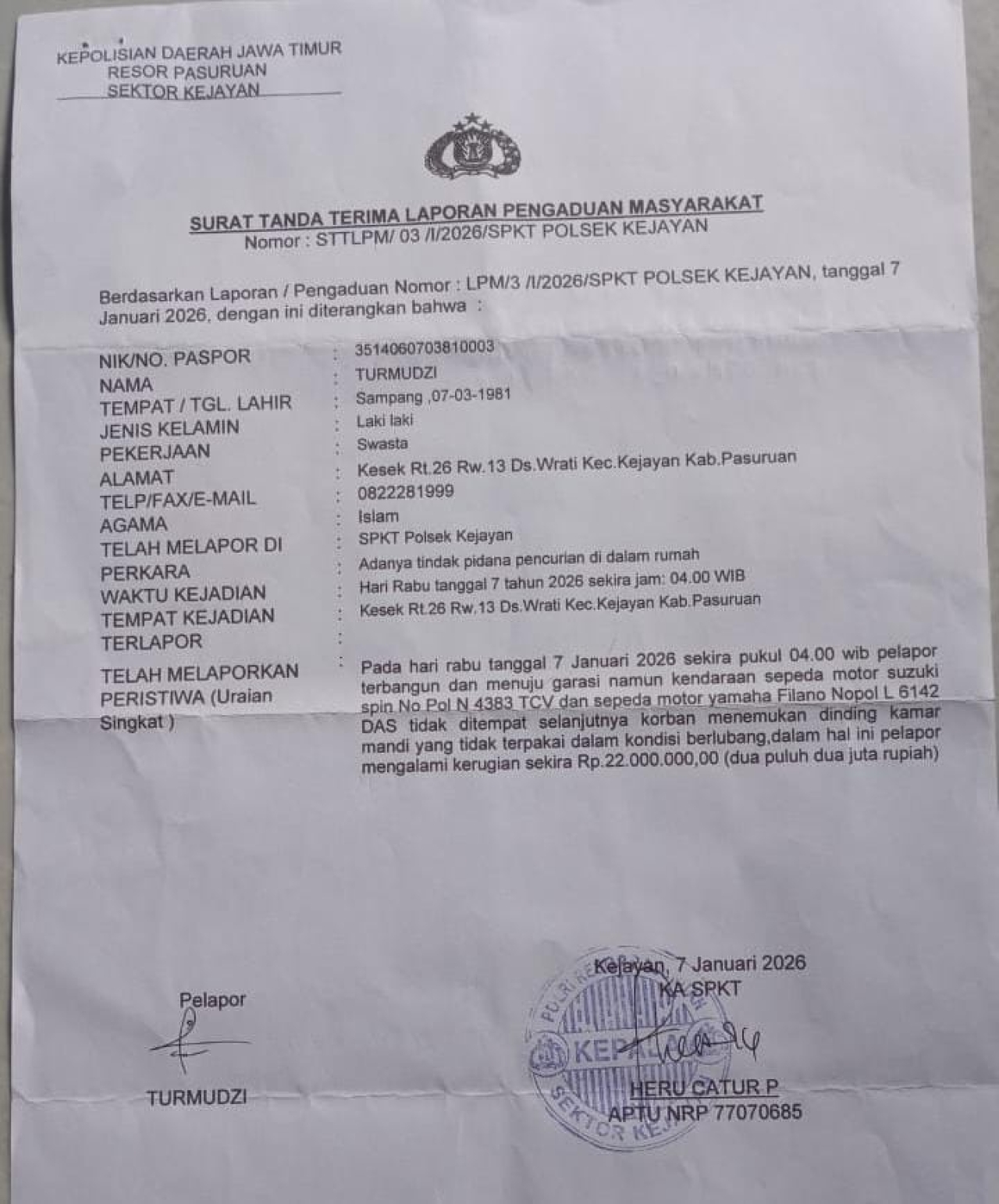 Maling Bobol Rumah Lewat Dinding Kamar Mandi, Dua Motor Warga Kejayan Raib
