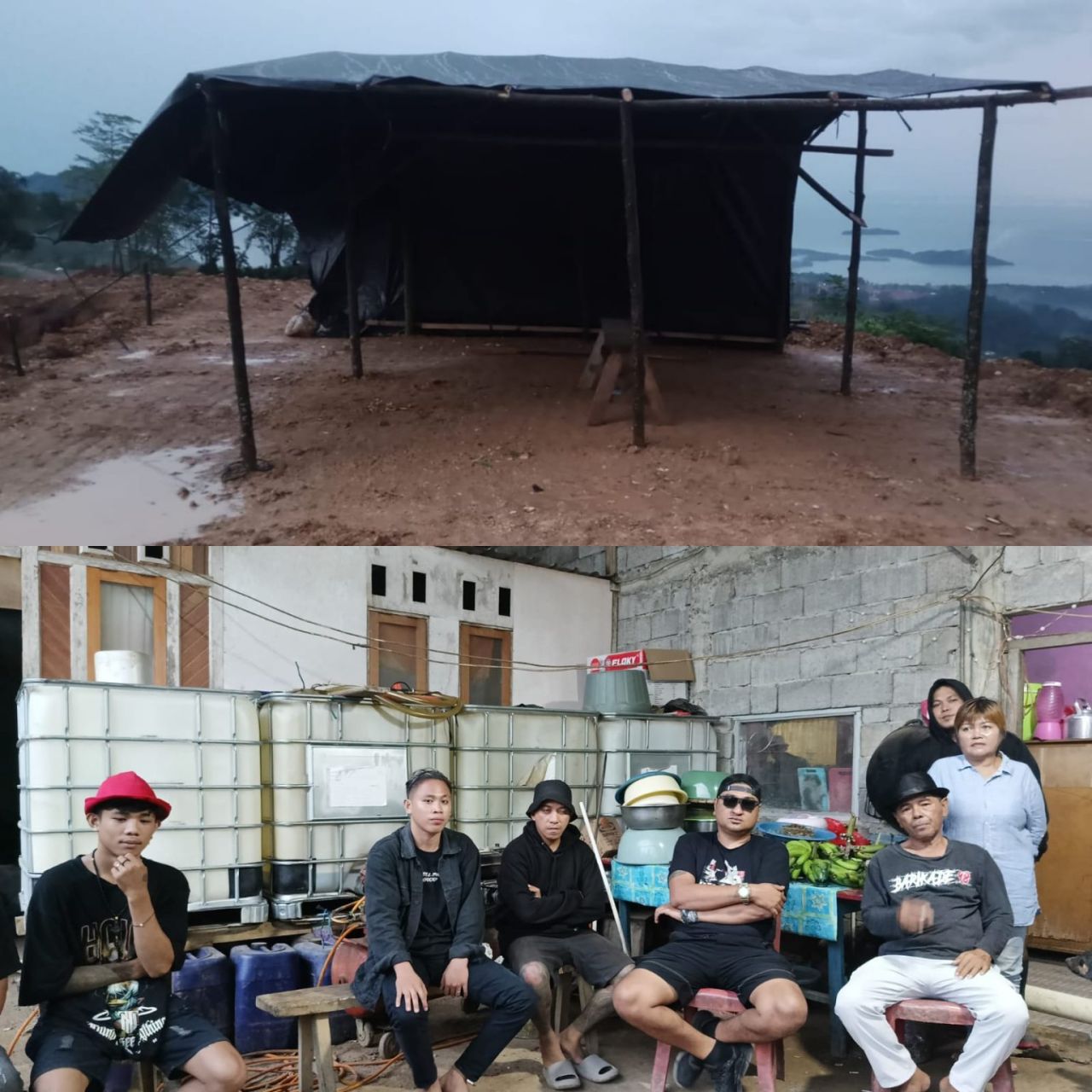 Foto atas: Daseng atau Pondok yang dibangun kelompok kiriman Corry Giroth di lokasi tambang warga di Nona Hoa. Foto bawah: Sejumlah pengurus koperasi berkumpul menyerukan protes atas arogansi Corry Giroth,Temy Kandou dan Senny