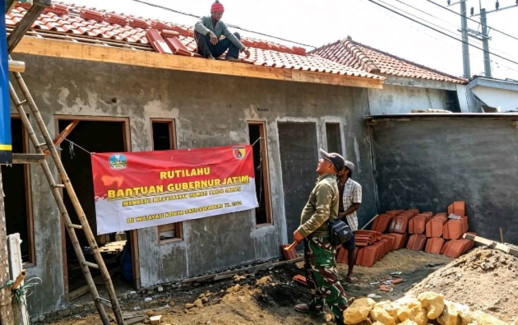 Caption Foto: Anggota Babinsa Koramil 0828/02 Camplong, Serka Gunawan, bersama warga Desa Tamba’an bergotong royong