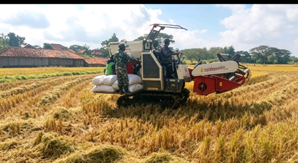 Caption Foto: Babinsa Koramil 0828/11 Tambelangan, Serka Miran, yang terjun ke sawah untuk membantu memotong padi