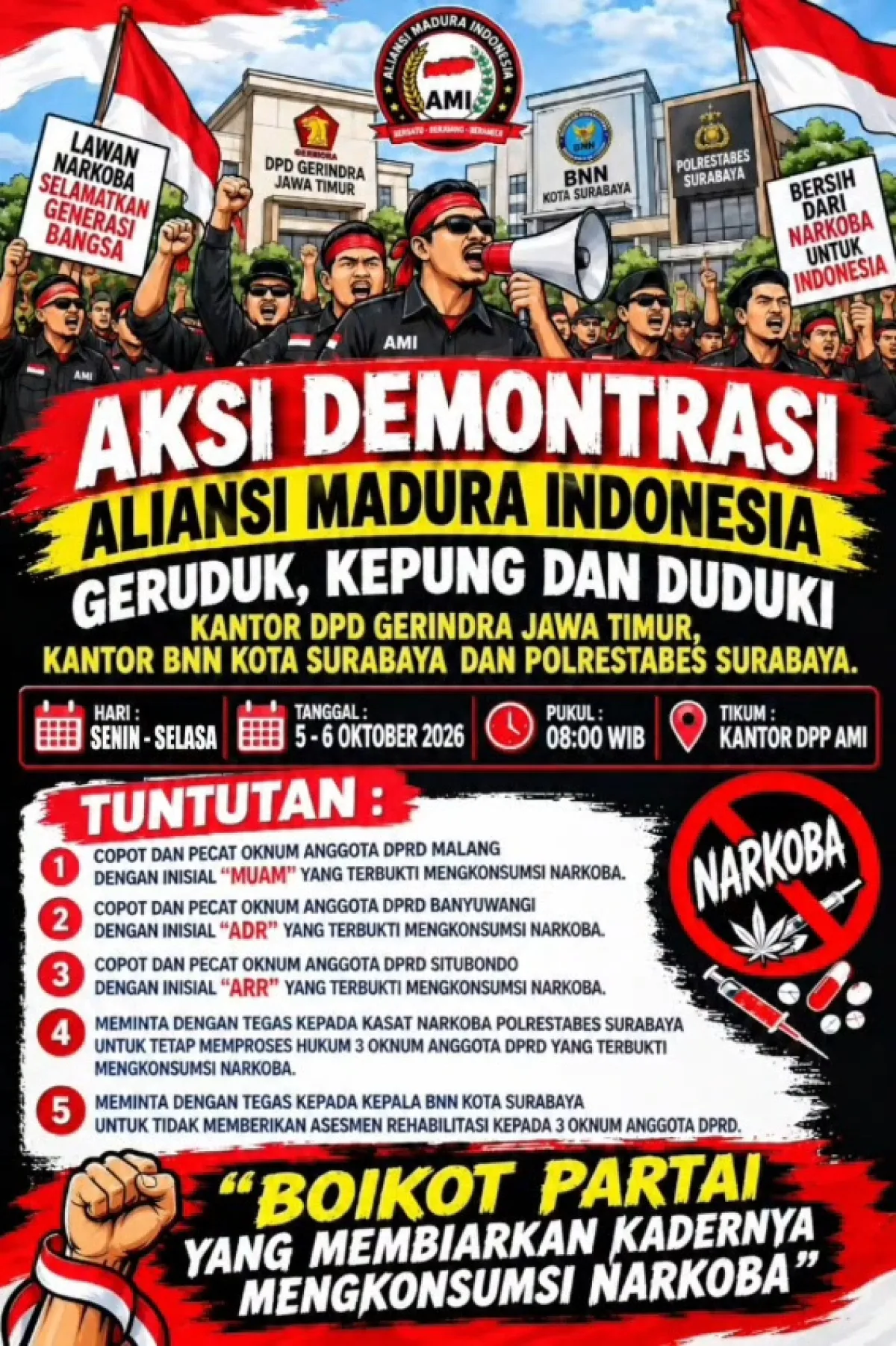 AMI Gelar Aksi Demonstrasi, Desak Penegakan Hukum Atas Penyalahgunaan Narkotika Melibatkan 3Anggota DPRD Partai Gerindra